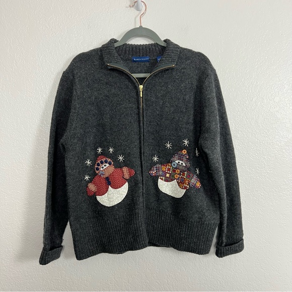 Karen Scott Sweaters - Vintage 100% Wool Grey Christmas Snowman Full Zip Sweater Jacket Womens Large